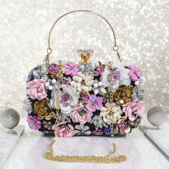 Party Clutches Fancy Floral Clutch Evening Bag Purses for Women Beaded Flower Cl - Picture 2 of 6